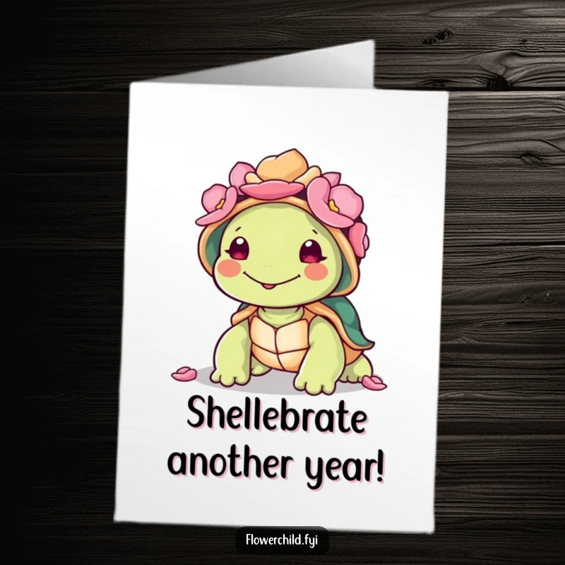Funny free printable birthday card featuring a smiling turtle with a shell covered in colorful petals, radiating joy.