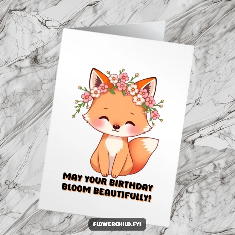 Funny Free Printable Birthday Card featuring a whimsical fox in a blossom wreath, ready to deliver hilarious birthday wishes.