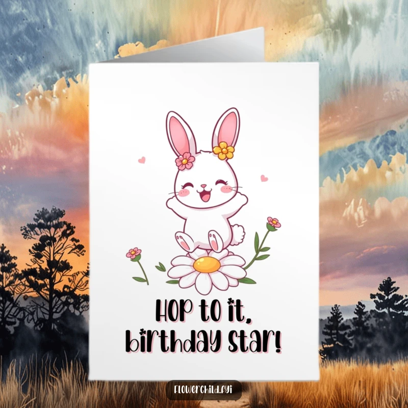 Funny Free Printable Bunny Birthday Card: A cute bunny bounces on a daisy, spreading birthday cheer with floral decorations.
