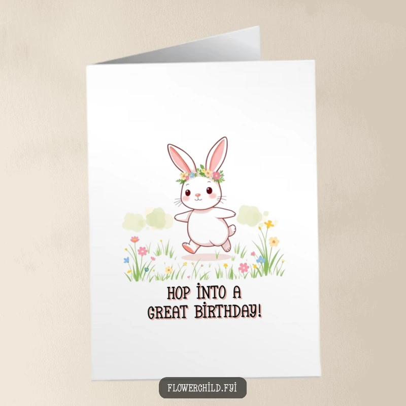 Funny Free Printable Birthday Card: A happy bunny with a flower crown skips joyfully through a meadow.