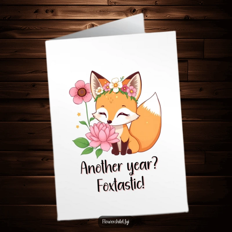 Funny Free Printable Birthday Card: A curious fox in a flower crown sniffs a giant bloom, wishing a happy birthday.