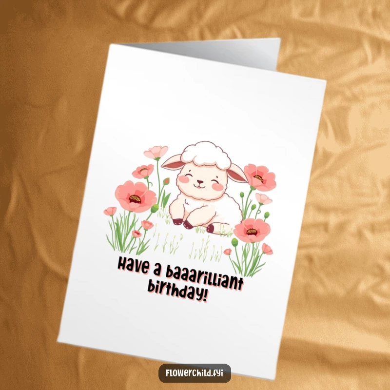 Free Printable Birthday Card featuring a content sheep resting peacefully in a field of blooming poppies.