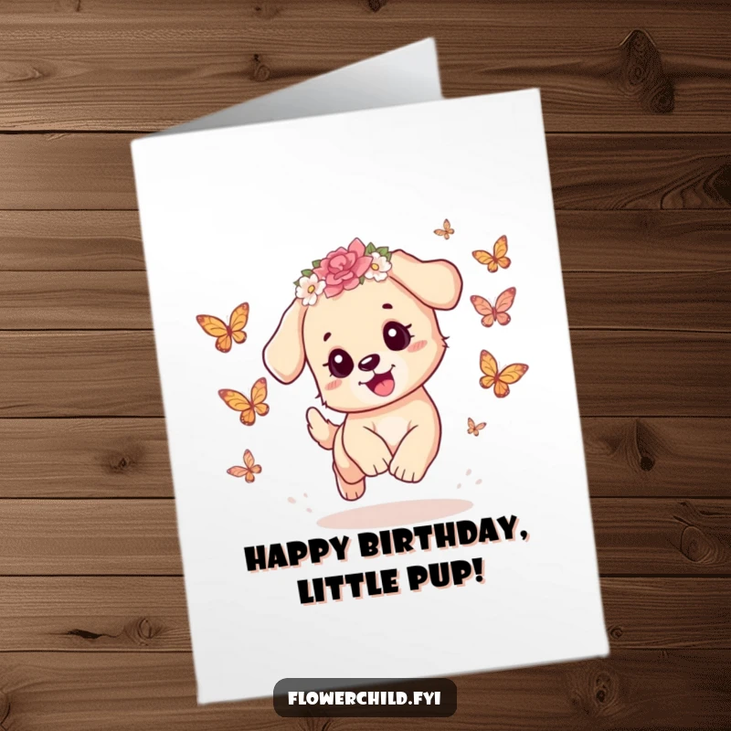 Funny Free Printable Birthday Card of a playful puppy wearing a flower crown, joyfully chasing colorful butterflies.