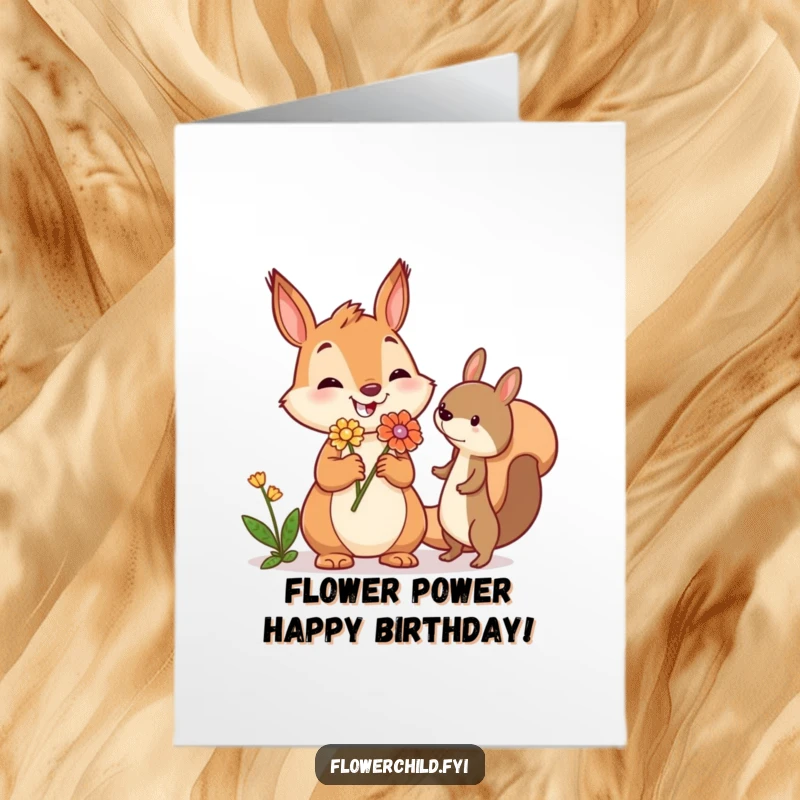 Funny Free Printable Squirrel Birthday Card: Jovial squirrel offering a flower, spreading birthday cheer to a friend.
