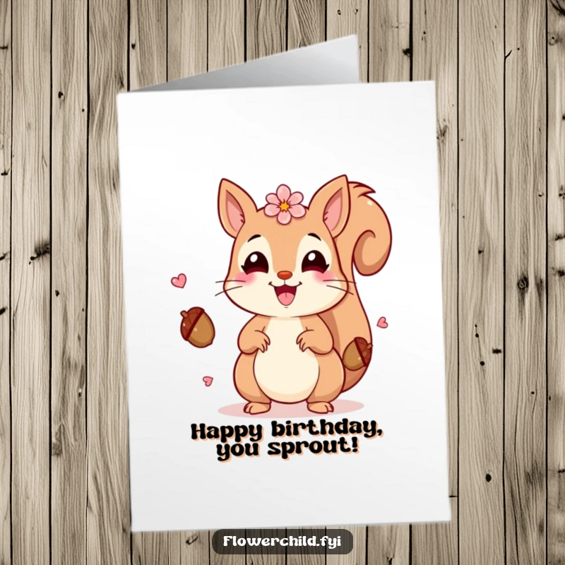 Funny Free Printable Birthday Card: A beaming squirrel with petals juggles acorns happily, adding birthday cheer.