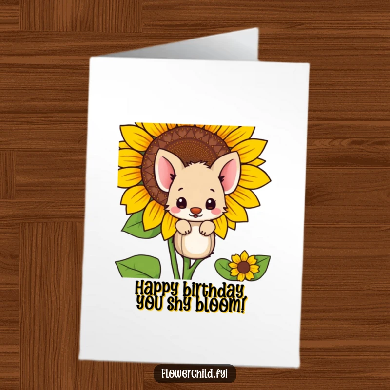 Funny Free Printable Birthday Card: Shy Animal Peeking Behind Giant Sunflower, Birthday Surprise, Bashful Greeting