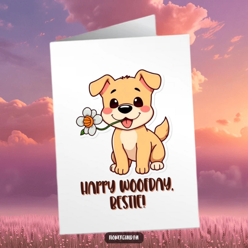 Funny Free Printable Birthday Card: A joyful dog with a flower in its mouth, its tail wagging enthusiastically.