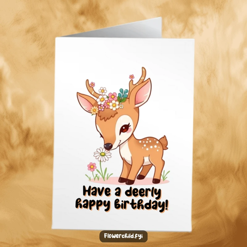 Funny Free Printable Birthday Card: A curious deer with flowers in its antlers gently sniffs a daisy, conveying birthday wishes.