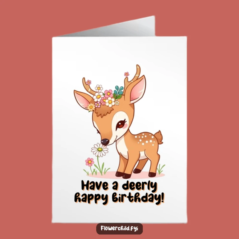 Free Printable Birthday Card: Curious Deer Sniffs Flower, Sweet Downloadable Gift