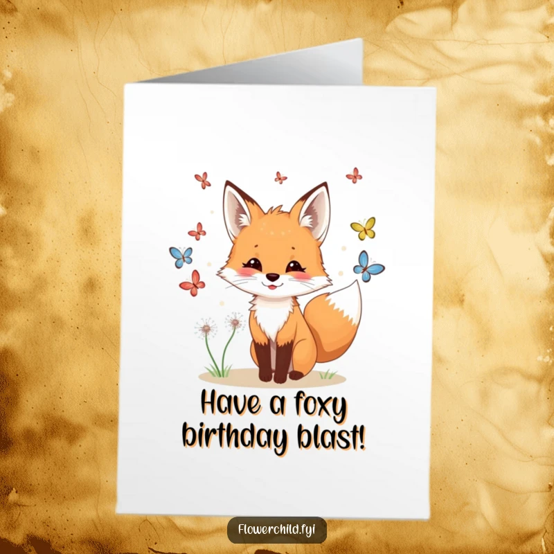 Funny Free Printable Birthday Card: A playful fox with dandelions in its fur chases colorful butterflies.