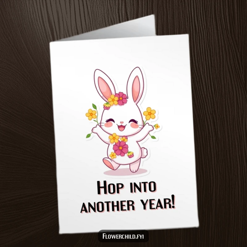 Funny Free Printable Birthday Card of a joyful bunny with flowers in its fur, happily dancing with vibrant energy.