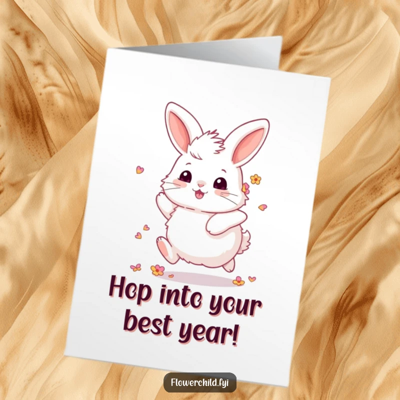 Funny Free Printable Birthday Card: A fluffy bunny with flower petals in its fur, skipping joyfully in a field.
