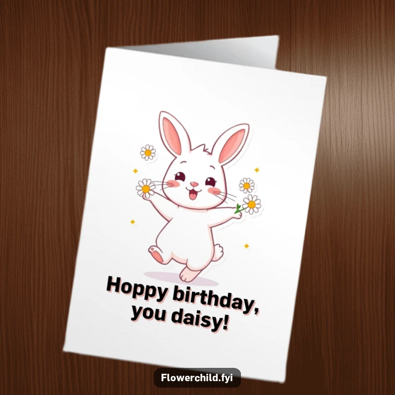Funny Free Printable Birthday Card with a cheerful rabbit twirling joyfully, daisies adorned around its ears for a festive occasion.