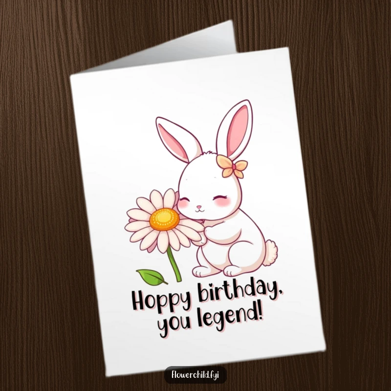 Funny free printable birthday card: A rabbit with petals on its ears happily nibbling a giant daisy, spreading birthday cheer.