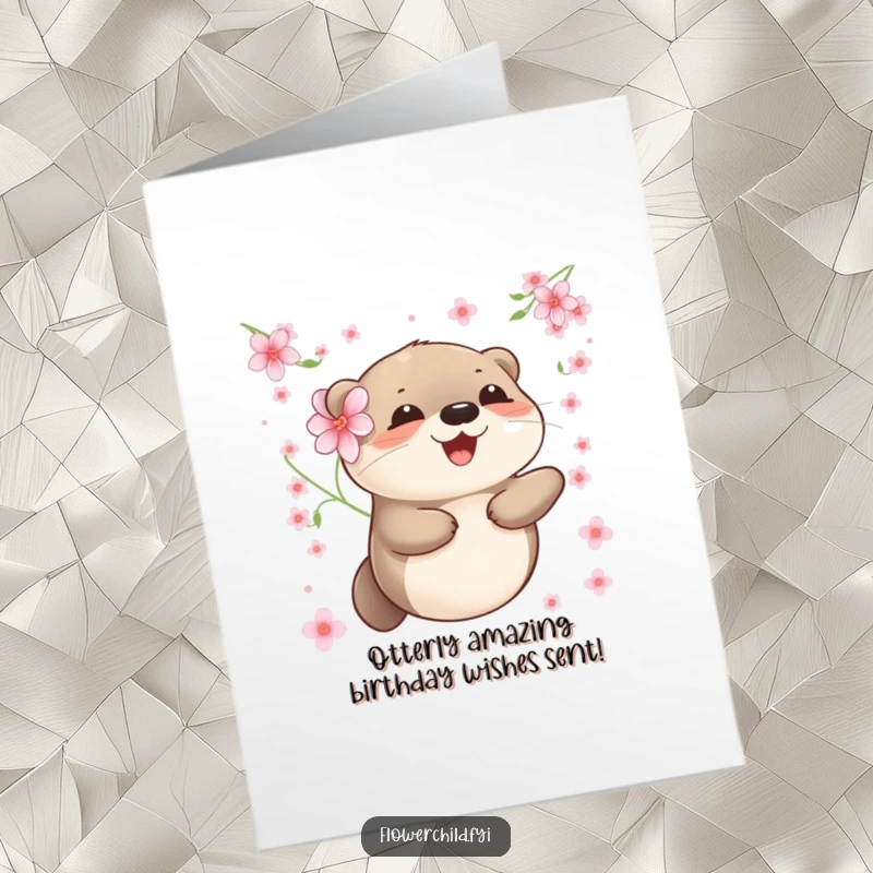 Funny Free Printable Birthday Card: Happy Otter with Flower Behind Ear, Floating Blissfully