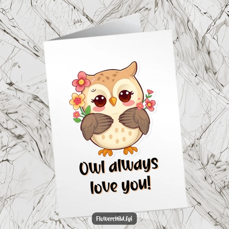 Funny Free Printable Birthday Card: A whimsical owl with flowers in its feathers, extending a warm, comforting hug.
