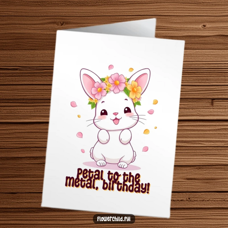 Funny Free Printable Birthday Card featuring a bunny with a flower crown joyfully tossing colorful petals into the air.