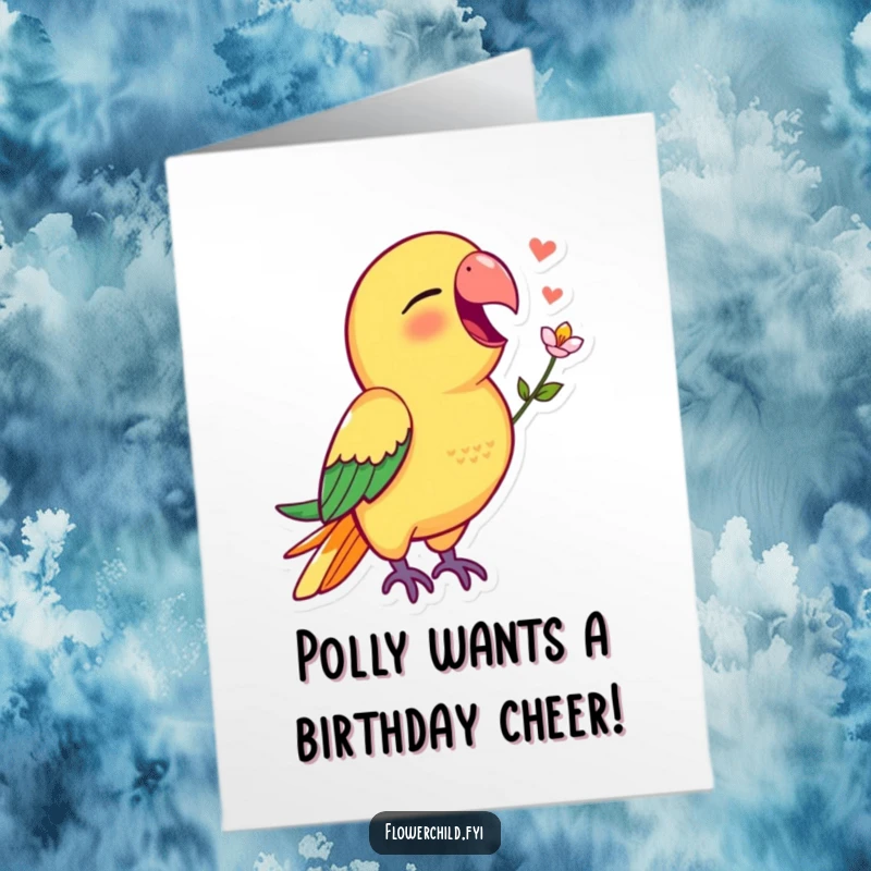 Funny Free Printable Birthday Card: Vibrant Parrot Singing with Flower in Beak