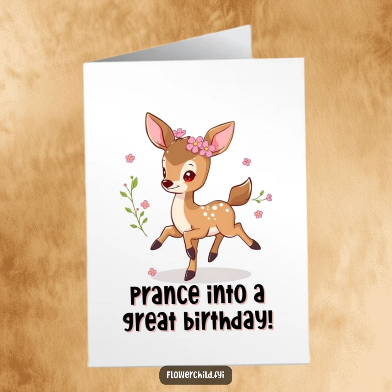 Free Printable Birthday Card featuring a little deer with flowers nestled in its fur, joyfully prancing.