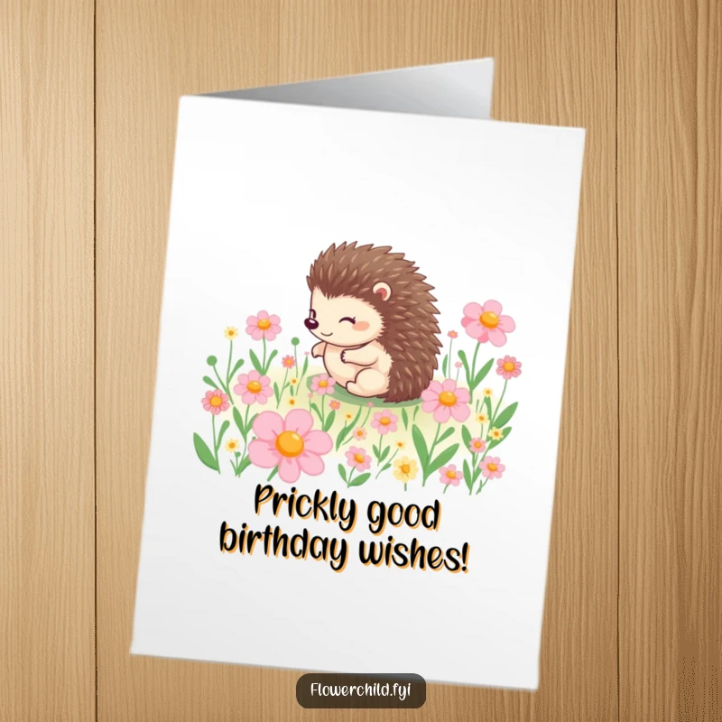 Funny Free Printable Birthday Card: Hedgehog joyfully rolling through a vibrant field of colorful flowers.