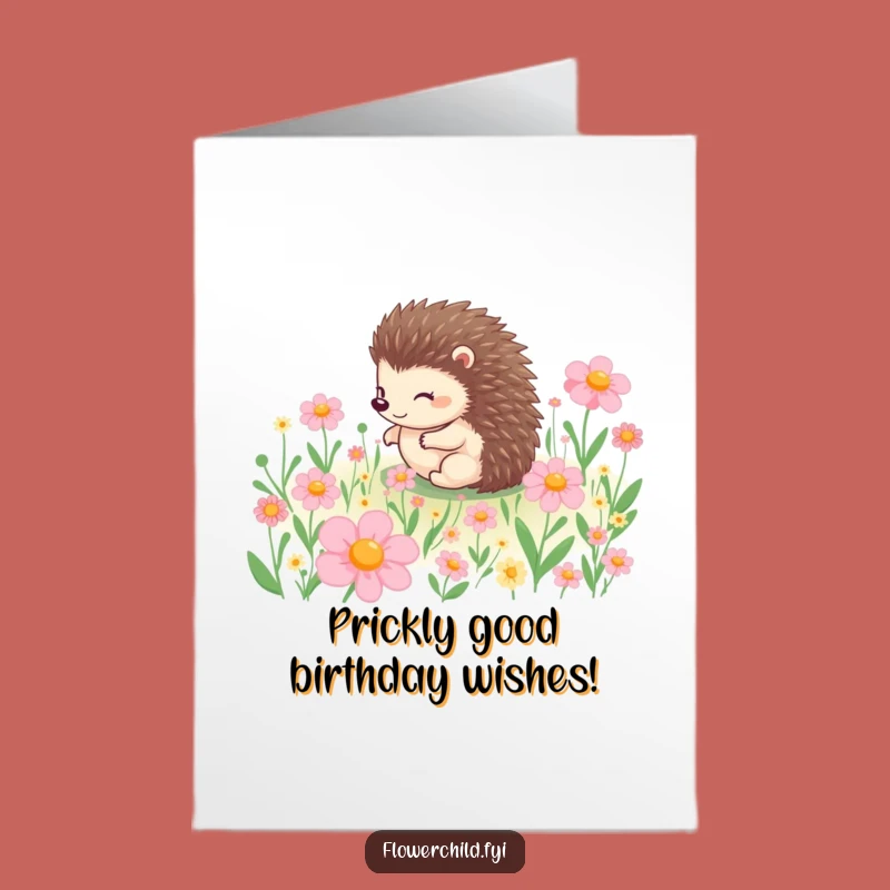Free Printable Birthday Card: Funny Hedgehog Rolls in Flowers, DIY Downloadable Gift