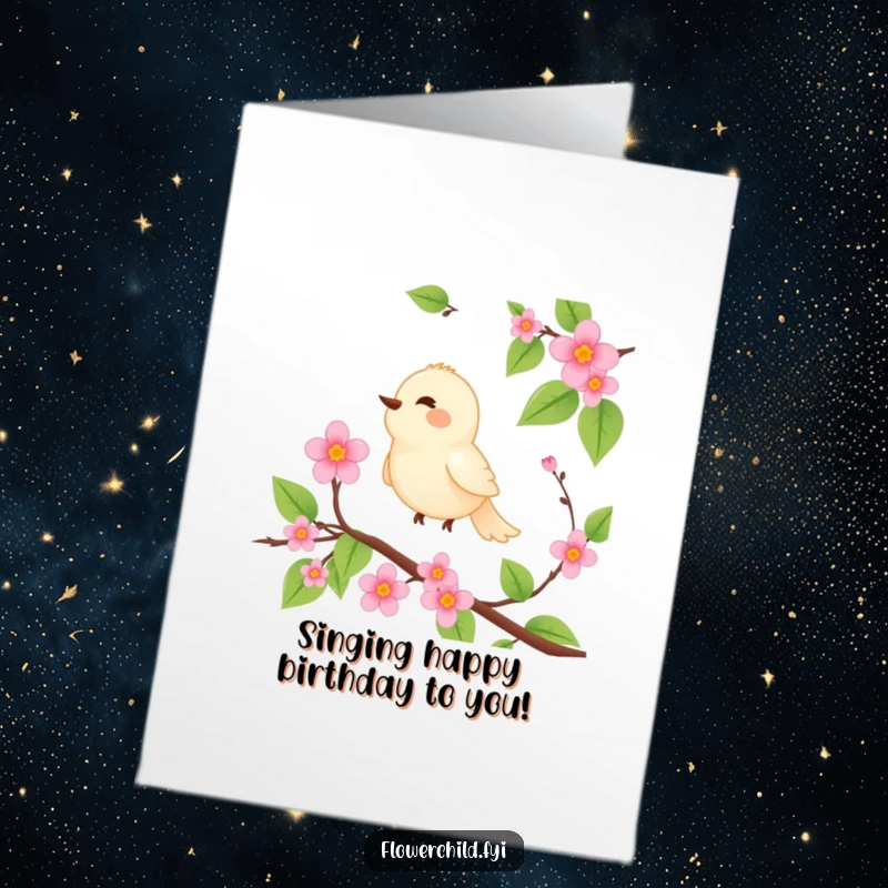 Funny Free Printable Birthday Card: A serene bird sings joyfully perched on a vibrant blooming vine for a birthday.