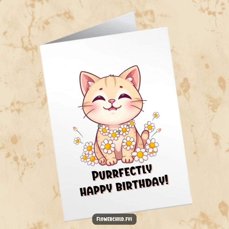 Funny Free Printable Birthday Card: A cute, smiling cat wearing a delicate daisy chain, with soft petals scattered around.