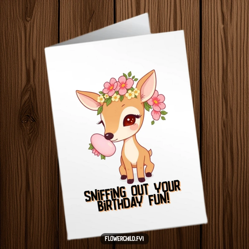 Funny Free Printable birthday card: a curious deer with a flower garland sniffing a large bloom, perfect for nature lovers.