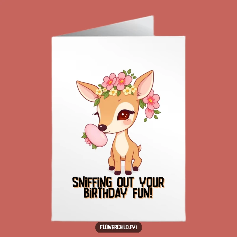 Free Printable Birthday Card: Curious Deer Smelling Flowers! Funny DIY Gift
