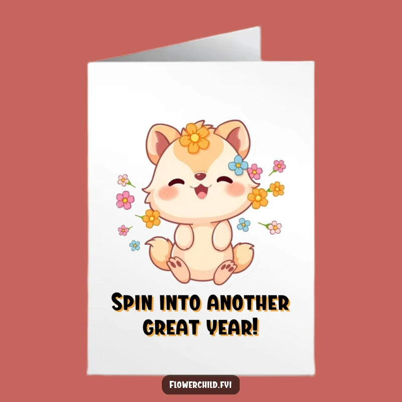 Free Printable Birthday Card: Spinning Flowery Animal, Happy Vibes, Funny Downloadable