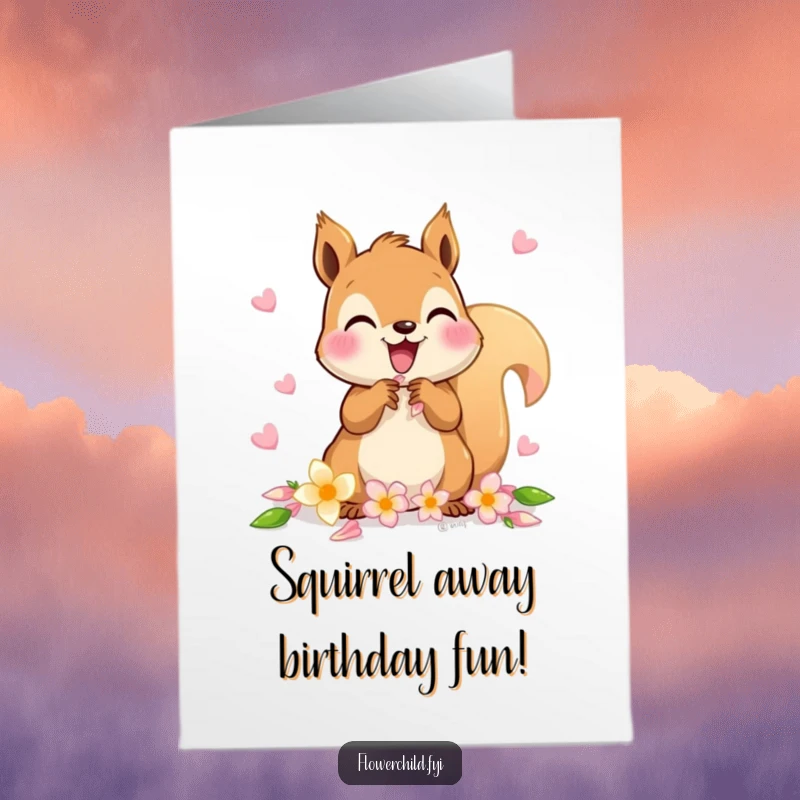 Funny Free Printable Birthday Card: A delighted squirrel gathers colorful petals to make a flower chain for a birthday.