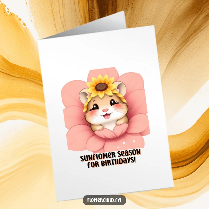 Funny Free Printable Birthday Card: Giggling hamster wearing sunflower headpiece peeking from flower, adorable DIY digital gift.