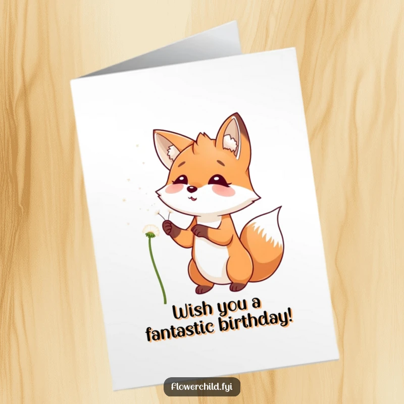 Funny Free Printable Birthday Card featuring a playful fox smiling as it blows dandelion seeds into the wind, sending birthday wishes.