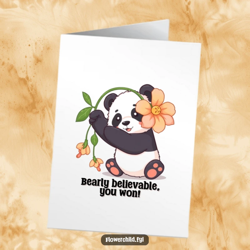 Funny Free Printable Congratulations Card: Cute Panda Playfully Holding Flower