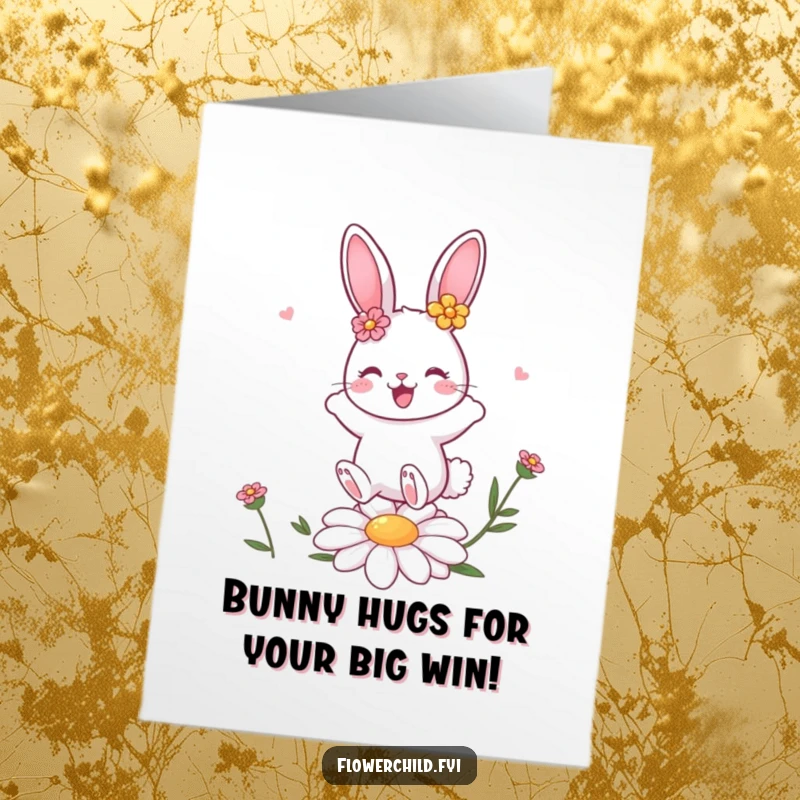 Funny Free Printable Congratulations Card: A cute bunny in flowers bounces excitedly, perfect for any celebration.