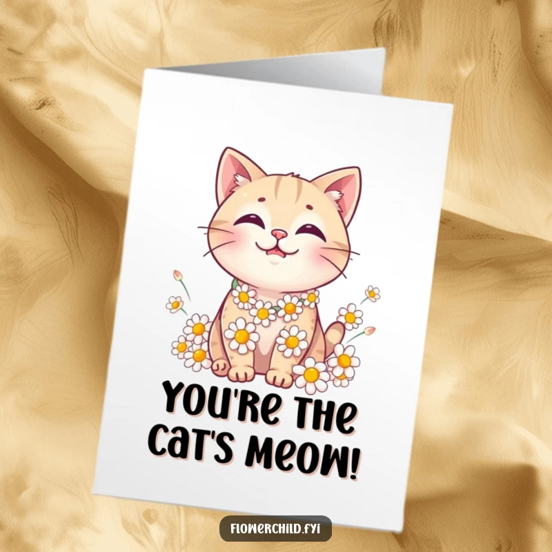 Funny Free Printable Congratulations Card: A sweet-faced cat sporting a handmade daisy chain, looking delightful amidst scattered petals.