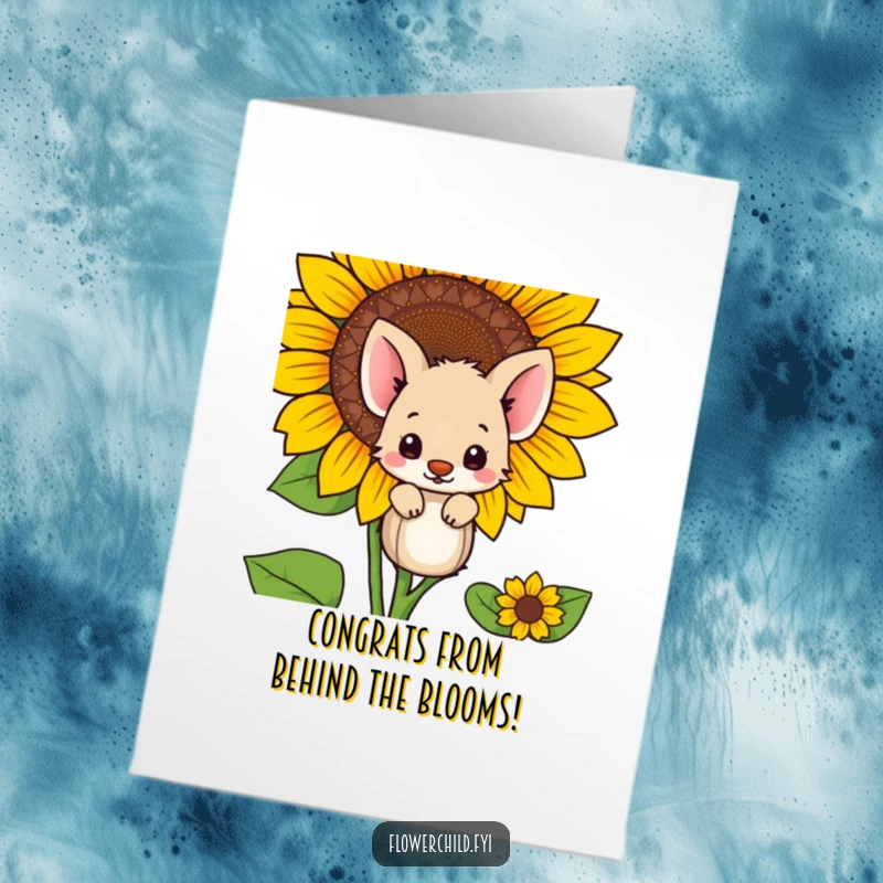 Funny Free Printable Congratulations Card: Shy Animal Hiding Behind Large Sunflower, Subtle Celebration, Bashful Congrats
