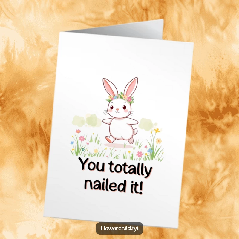 Funny Free Printable Congratulations Card: A cute bunny in a flower crown happily skipping through a meadow.