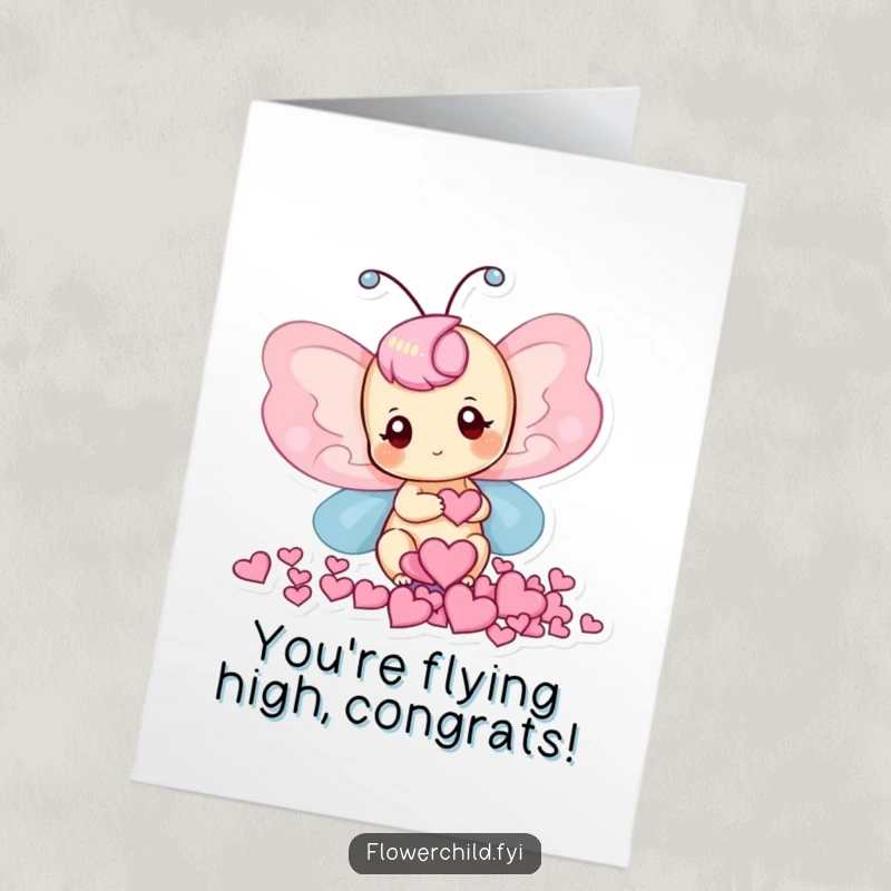 Funny Free Printable Butterfly Congrats Card: Butterfly gathering heart-shaped petals, celebrating a wonderful success.