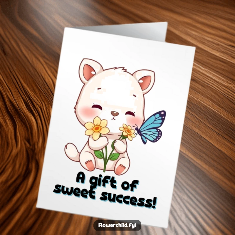 Funny Free Printable Congratulations Card featuring a gentle animal character extending a flower towards a small, delicate butterfly.