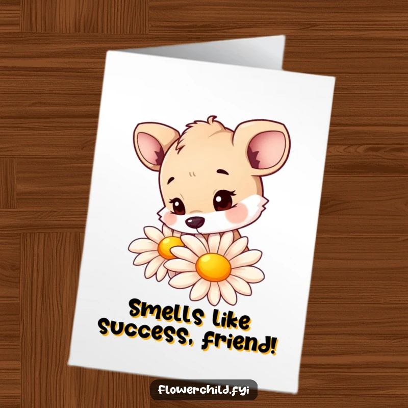 Funny Free Printable Congratulations Card featuring a curious animal character investigating the beauty of a large, colorful daisy.