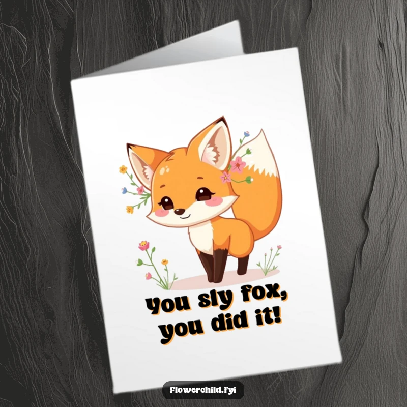 Funny Free Printable Congratulations Card: A playful fox with wildflowers tucked behind its ear dances with chic energy, celebrating success.