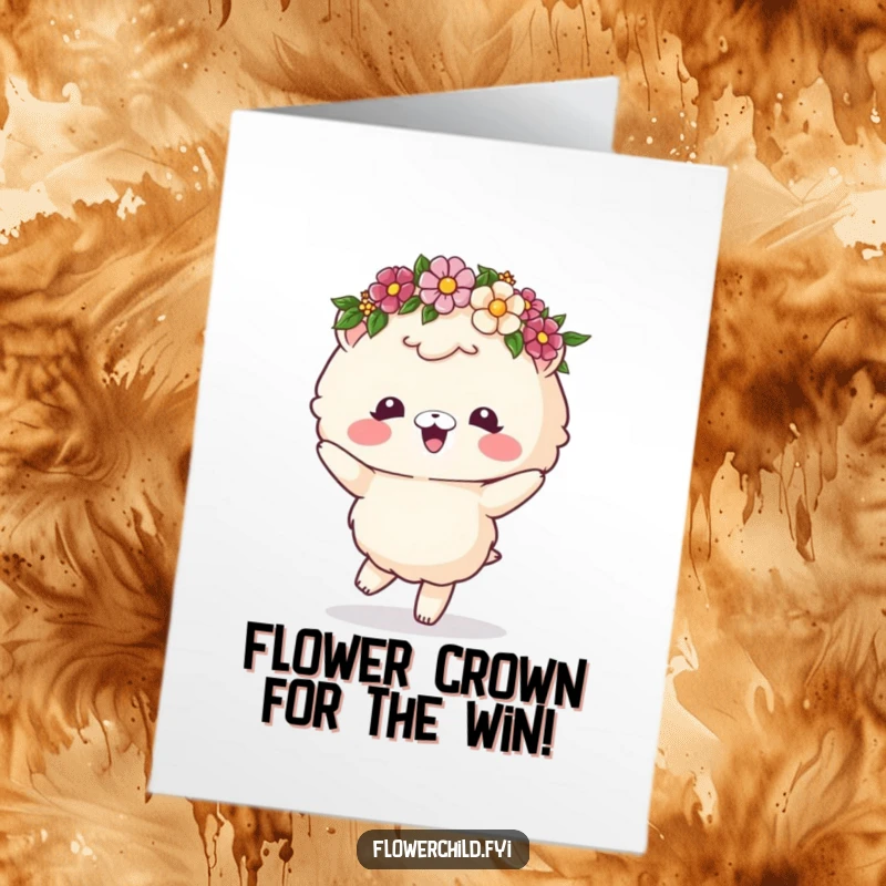 Funny Free Printable Congratulations Card showing a fluffy animal dancing energetically under a beautiful flower crown.