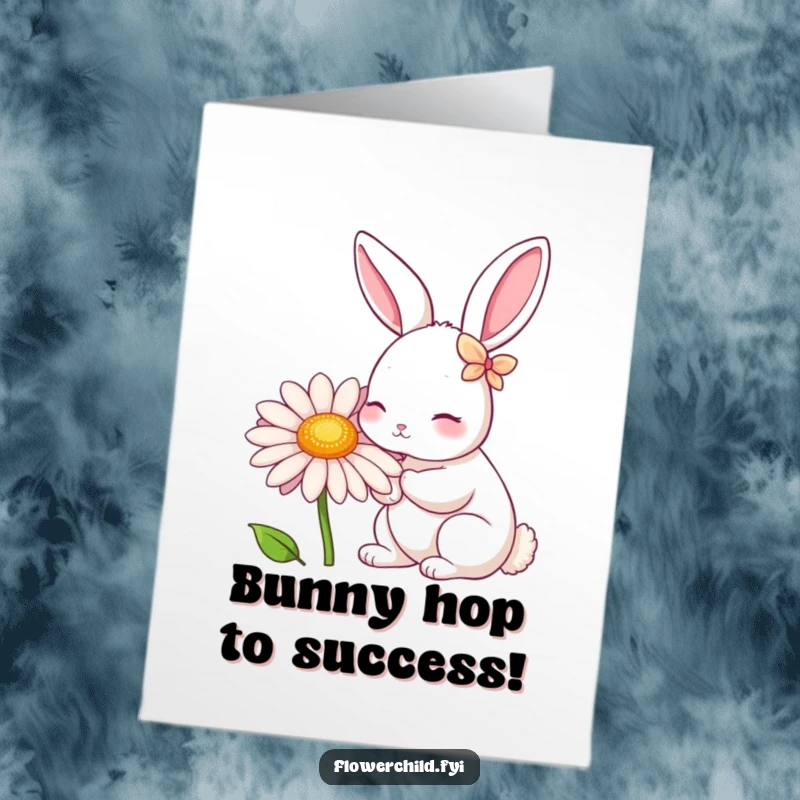 Funny free printable congratulations card: A rabbit with petal-adorned ears nibbling a giant daisy, celebrating success with delight.