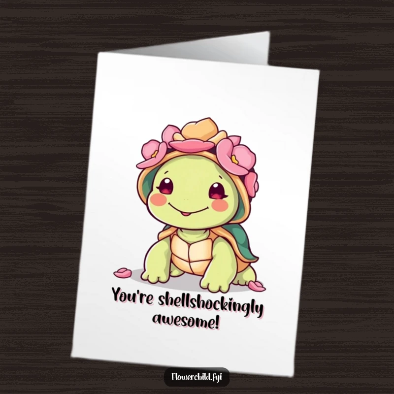 Funny free printable congratulations card showing a happy turtle with a petal-adorned shell, perfect for celebrating milestones.