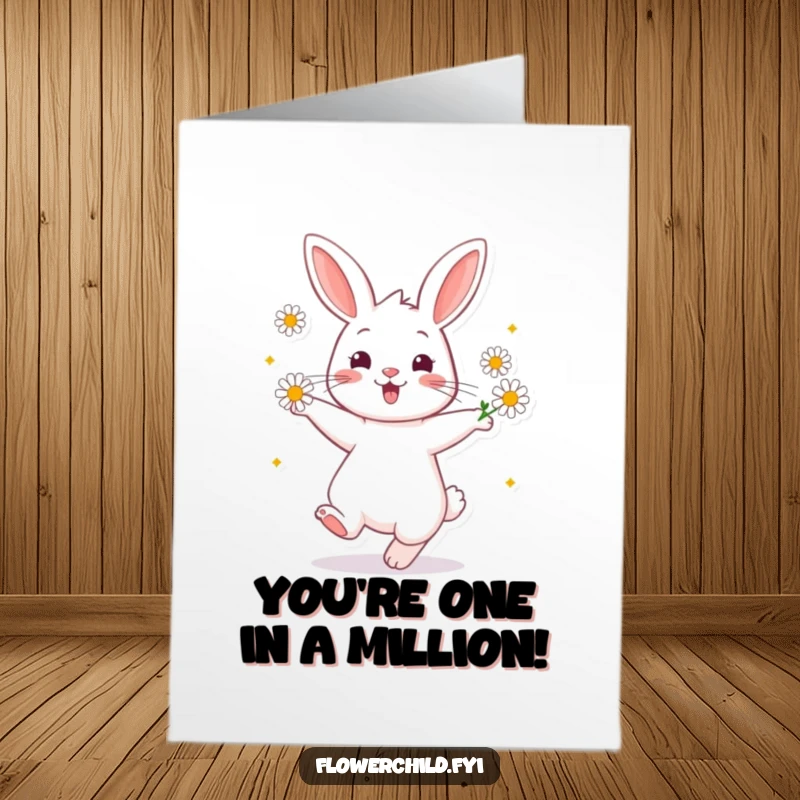 Funny Free Printable Congratulations Card featuring a cheerful rabbit twirling with daisies, symbolizing a delightful win or success.