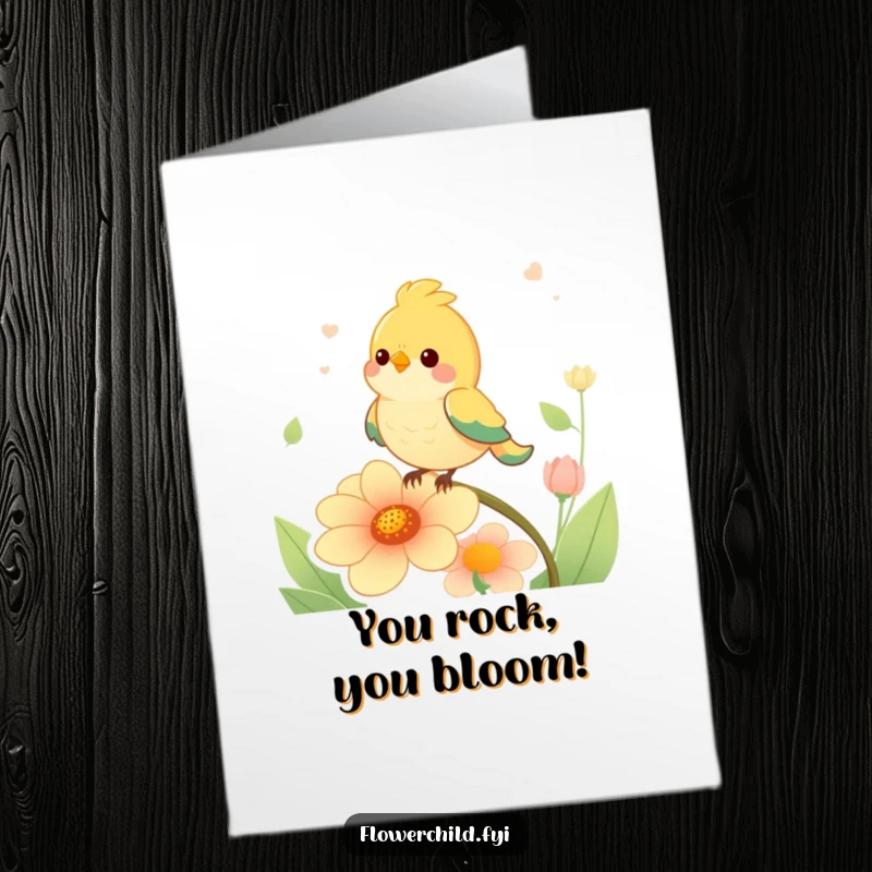 Funny free printable congratulations card with a happy bird on a singing flower, perfect for celebrating any special moment.