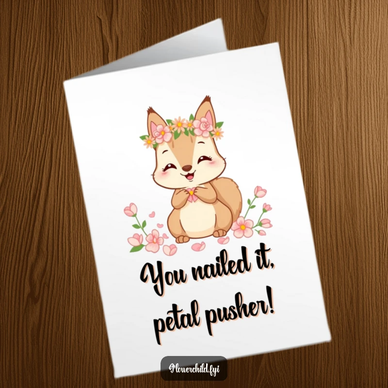 Funny Free Printable Congratulations Card featuring a cute squirrel in a flower crown, gathering petals to celebrate a special milestone.