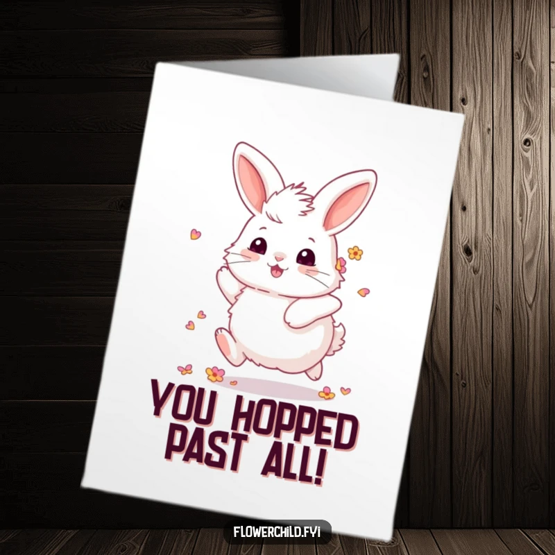 Funny Free Printable Congratulations Card: A happy, fluffy bunny with flower petals in its fur, skipping gleefully.
