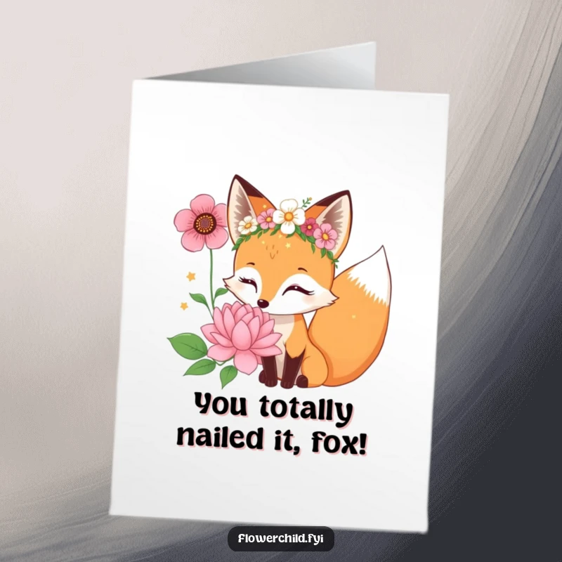 Funny Free Printable Congratulations Card: A curious fox wearing a flower crown sniffs a big bloom for a special occasion.